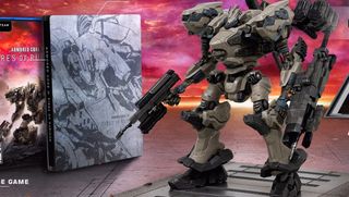 Armored Core 6 collector's edition featuring a giant mecha statue