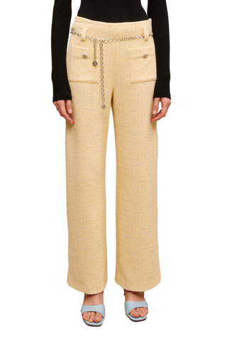tweed beige pants with thin chain belt