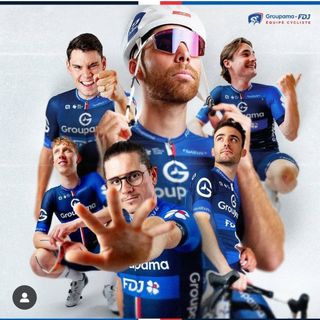 A composite image of six riders in the Groupama-FDJ kit