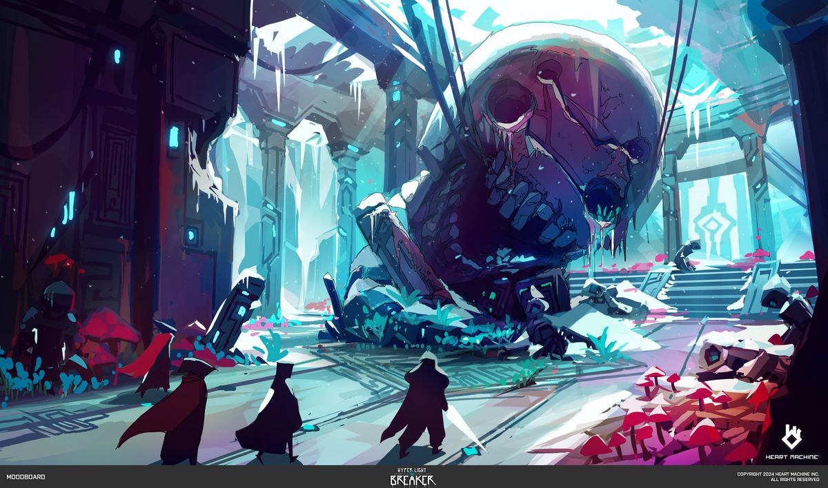 Hyper Light Breaker environment art; a skull designed environment.