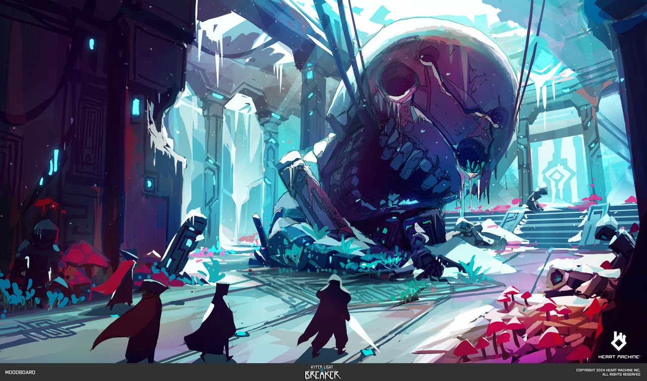 Hyper Light Breaker environment art; a skull designed environment.