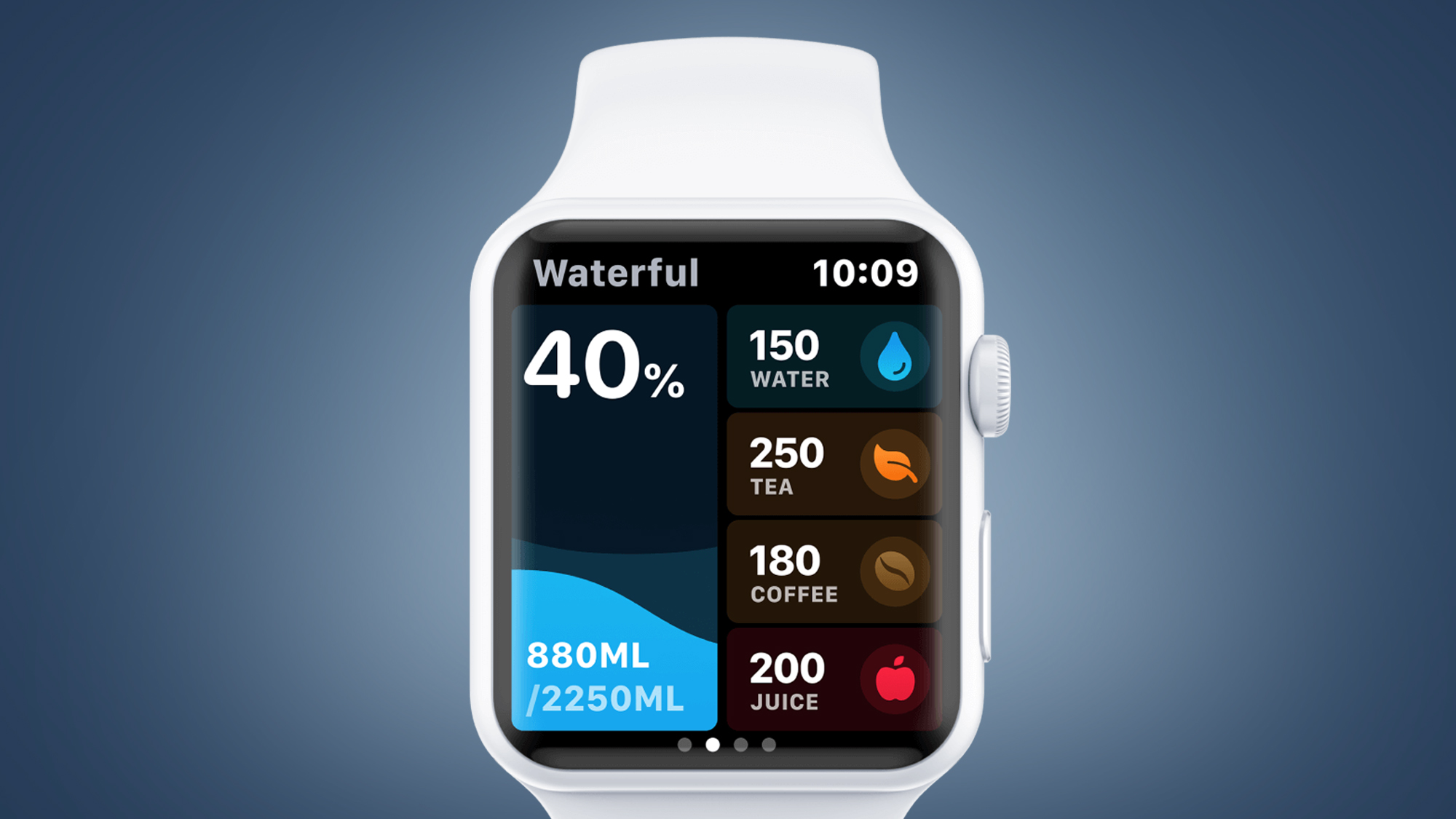 Apple Watch with a blue background displaying the Waterful app