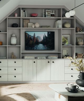 media wall in grey with TV and books
