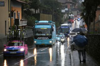 ASTI ITALY OCTOBER 23 Cars Race neutralised due to heavy rain and team riders protest during the 103rd Giro dItalia 2020 Stage 19 a 258km stage from Morbegno to Asti girodiitalia Giro on October 23 2020 in Asti Italy Photo by Tim de WaeleGetty Images