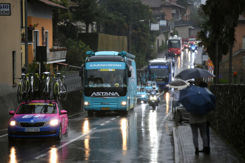 ASTI ITALY OCTOBER 23 Cars Race neutralised due to heavy rain and team riders protest during the 103rd Giro dItalia 2020 Stage 19 a 258km stage from Morbegno to Asti girodiitalia Giro on October 23 2020 in Asti Italy Photo by Tim de WaeleGetty Images