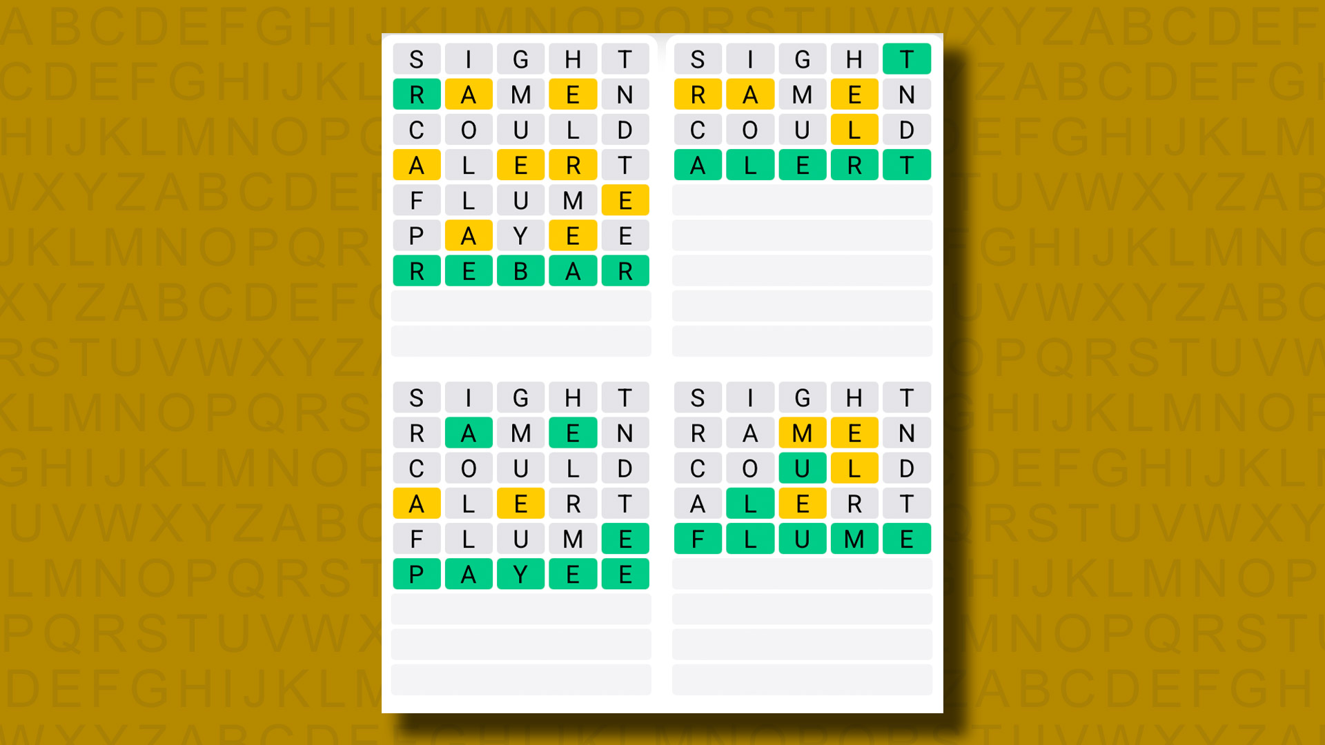 Quordle answers for game 1231 on a yellow background