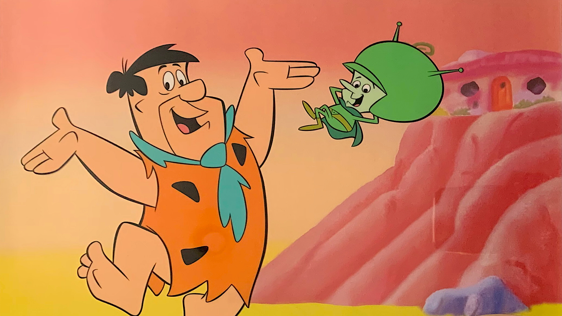 um homem das cavernas de desenho animado e um alienígena flutuante verde