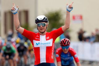 STEINFORT LUXEMBOURG MAY 01 Emma Norsgaard Jorgensen of Denmark and Movistar Team celebrates at arrival during the 13th Ceratizit Festival Elsy Jacobs 2021 Stage 1 a 1251km stage from Steinfort to Steinfort 321m felsy UCIProSeries on May 01 2021 in Steinfort Luxembourg Photo by Bas CzerwinskiGetty Images