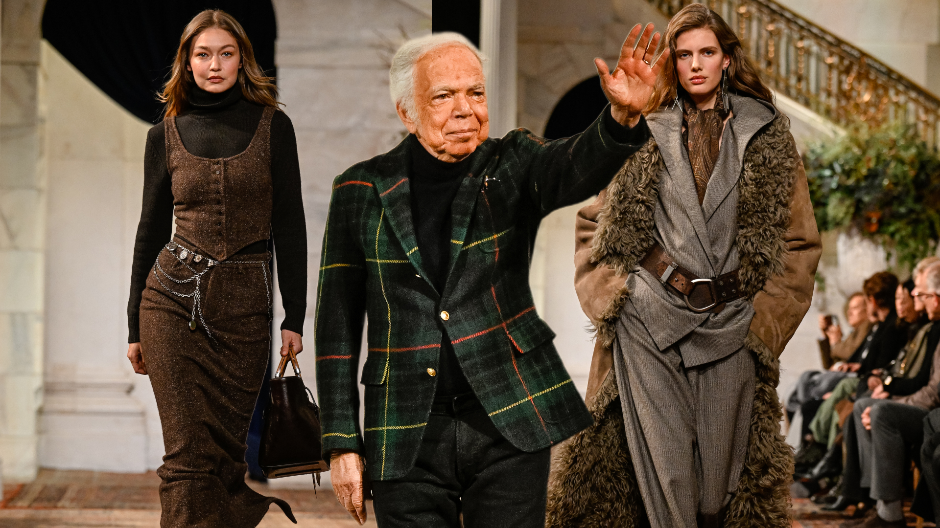 Gigi Hadid and another model walk the Ralph Lauren runway while Ralph Lauren waves