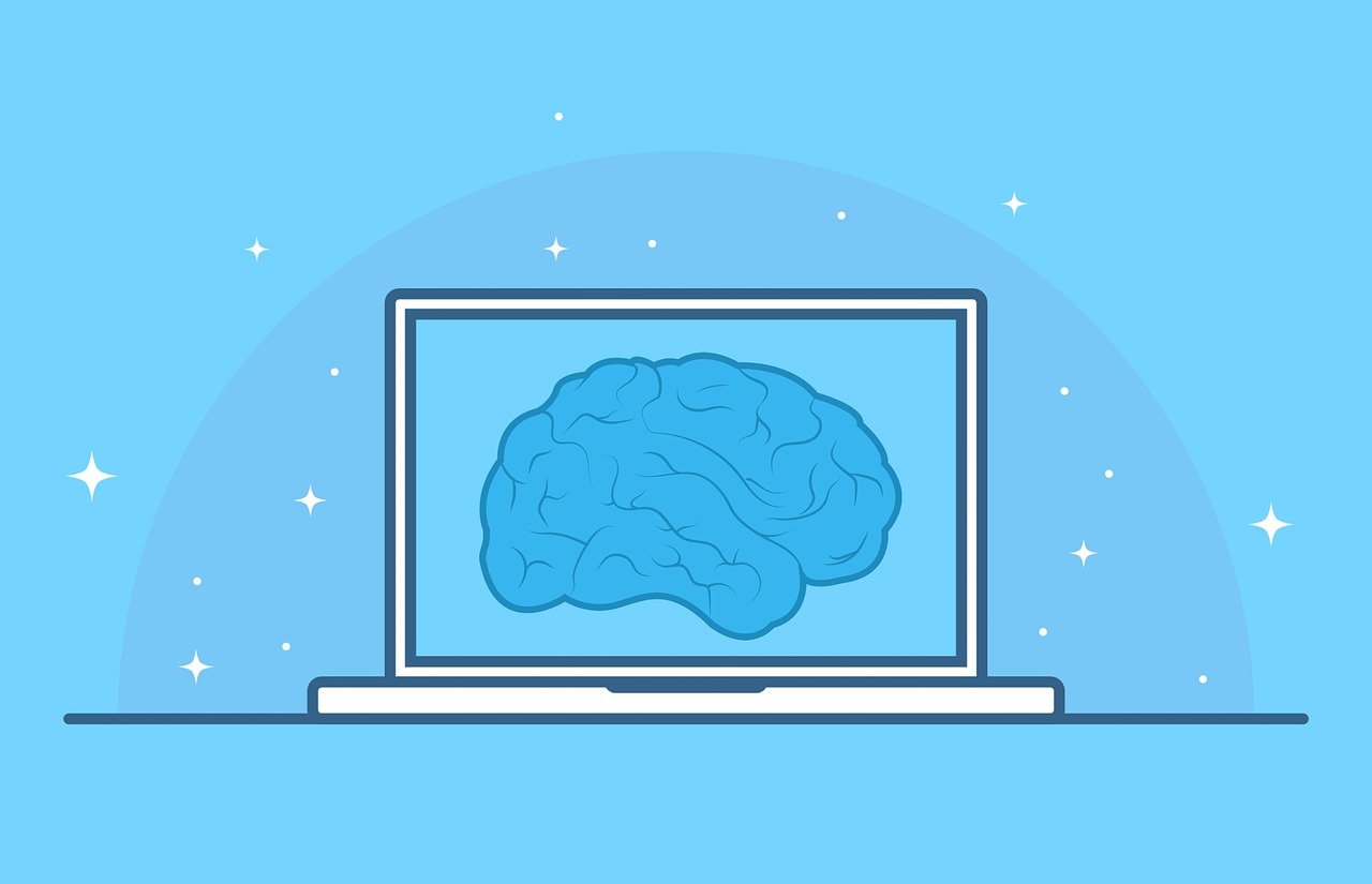 An illustration of a human brain pictured on laptop screen.