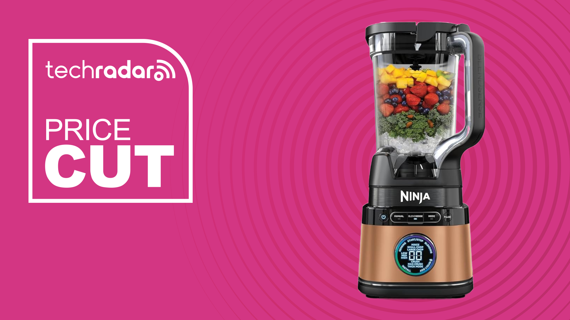 The copper-coloured Ninja Detect Power Blender Pro is pictured against a pink background next to writing which reads "price cut".