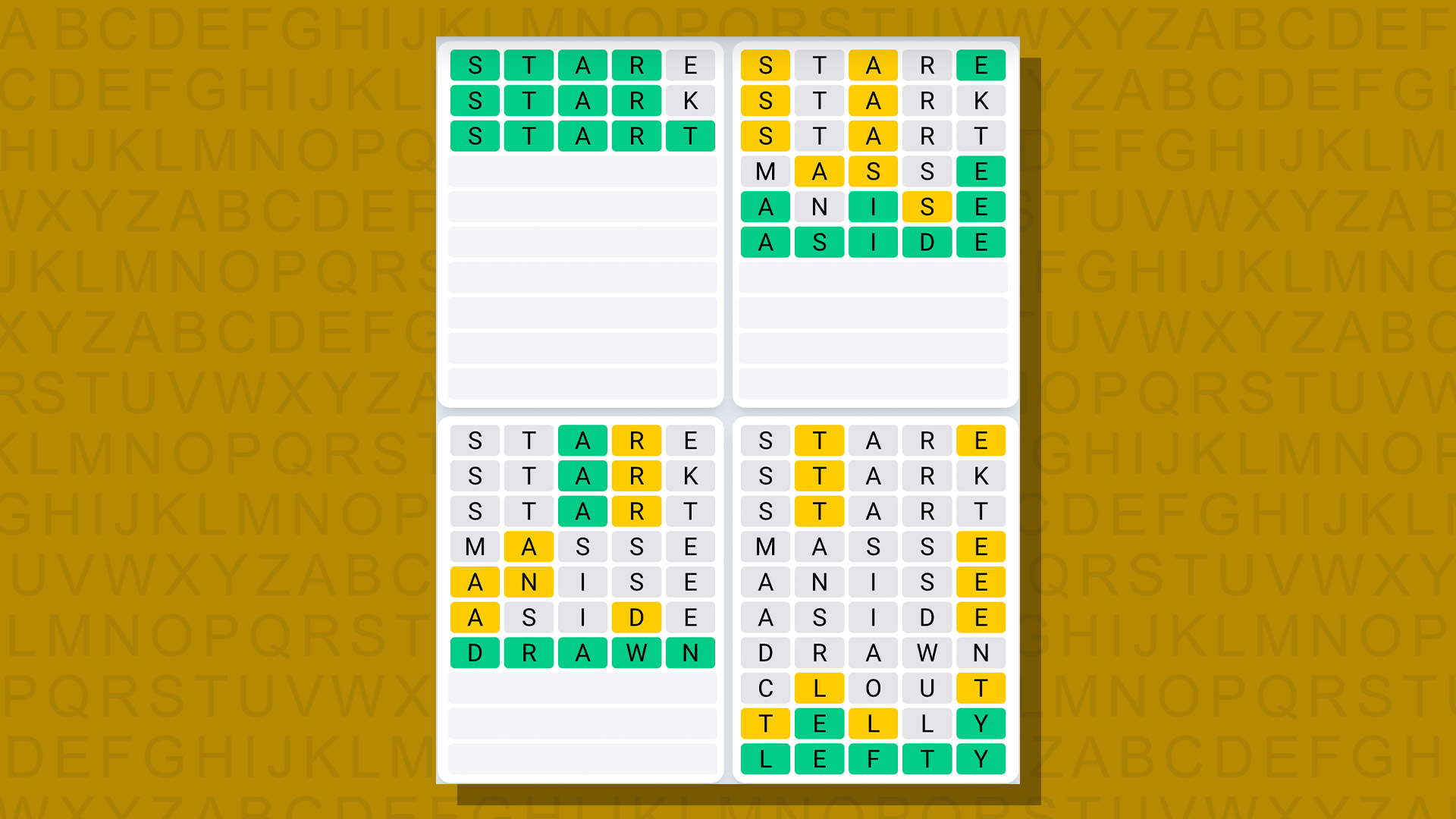 Quordle daily sequence answers for game 675 on a yellow background