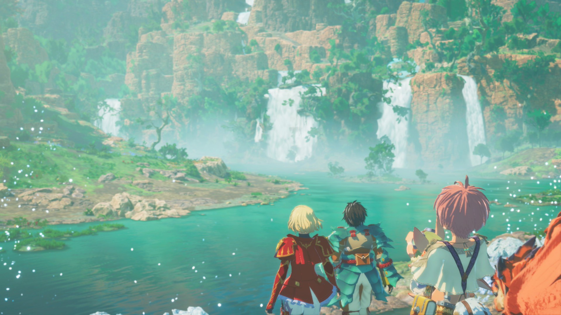 The party look out at a glistening lake in Monster Hunter Stories 3: Twisted Reflection