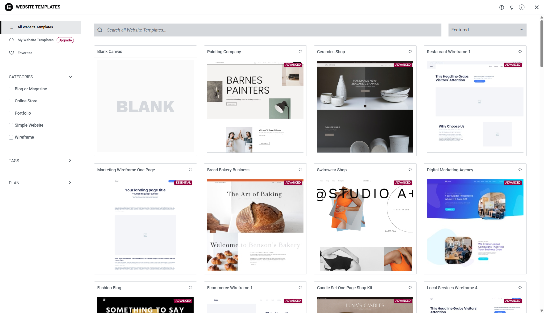 screenshot of elementor template options