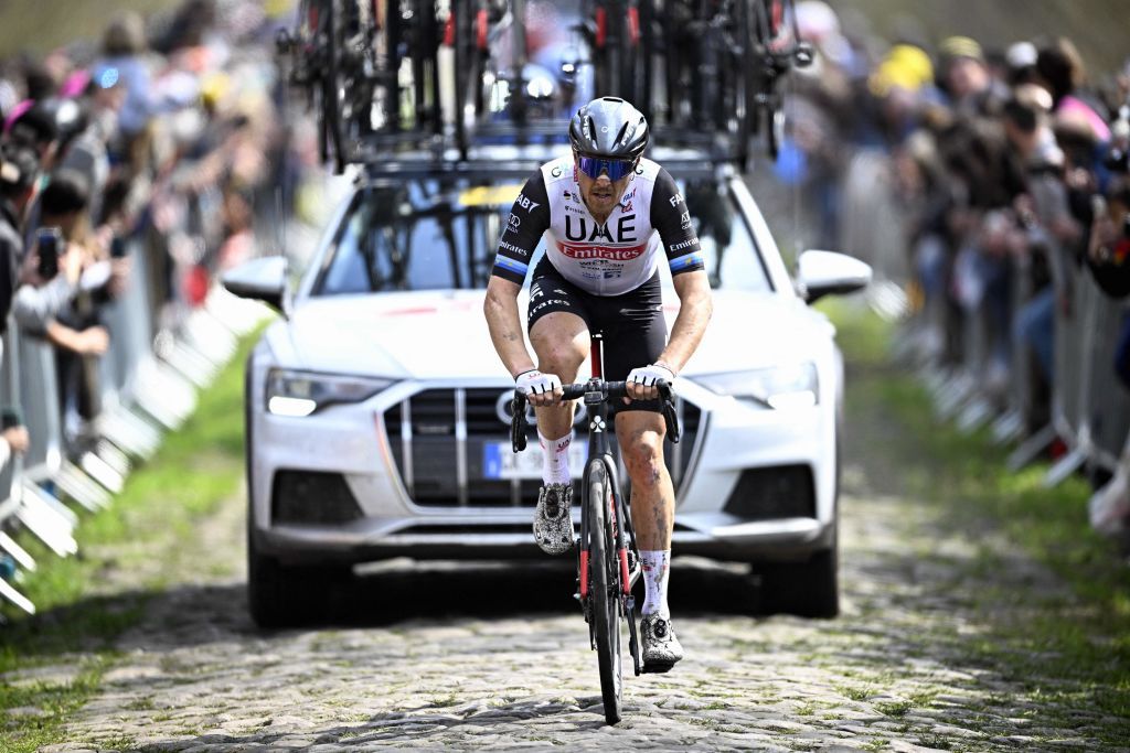 Italian Matteo Trentin of UAE Team Emirates pictured in action during pictured at the Trouee dArenberg cobbled road passage during the mens elite race of the ParisRoubaix cycling event 2566km from Compiegne to Roubaix France on Sunday 09 April 2023 BELGA PHOTO JASPER JACOBS Photo by JASPER JACOBS BELGA MAG Belga via AFP Photo by JASPER JACOBSBELGA MAGAFP via Getty Images