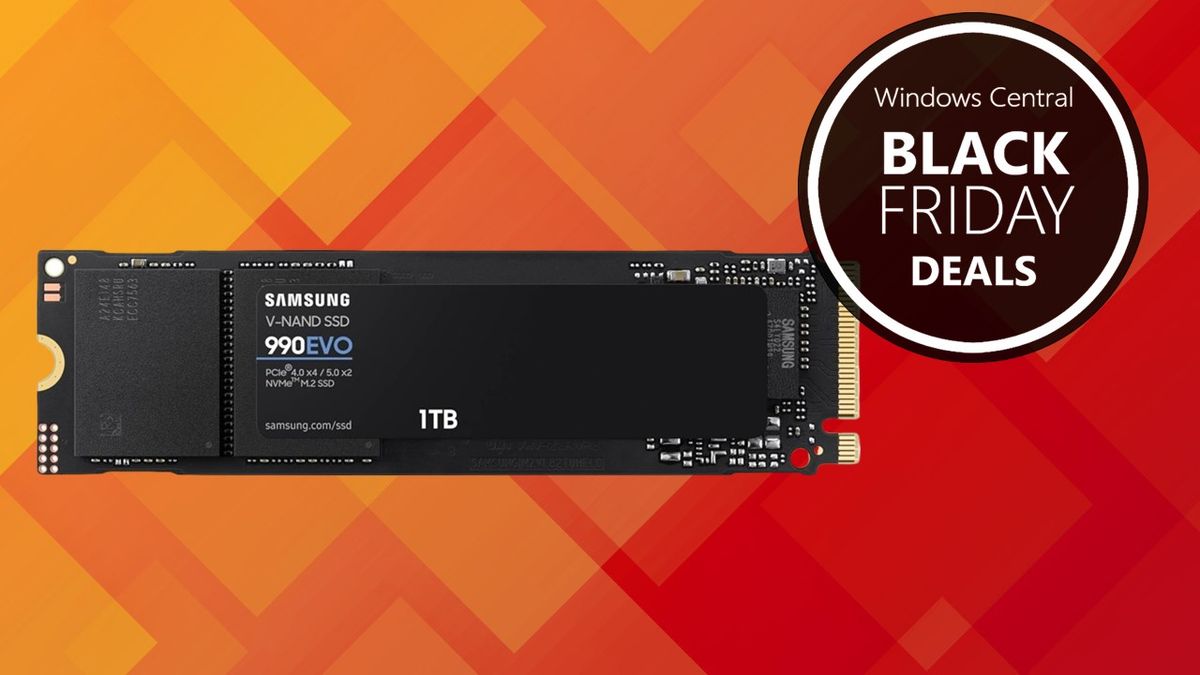 Samsung 990 SSD on orange background with a Windows Central Black Friday deals badge