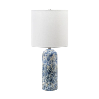 Lamp with a blue patterned base and white shade