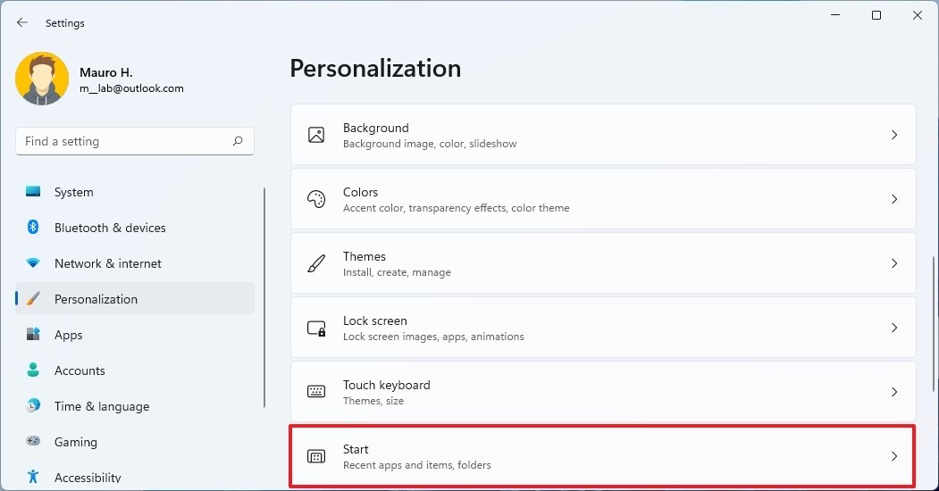 Windows 11 Start settings