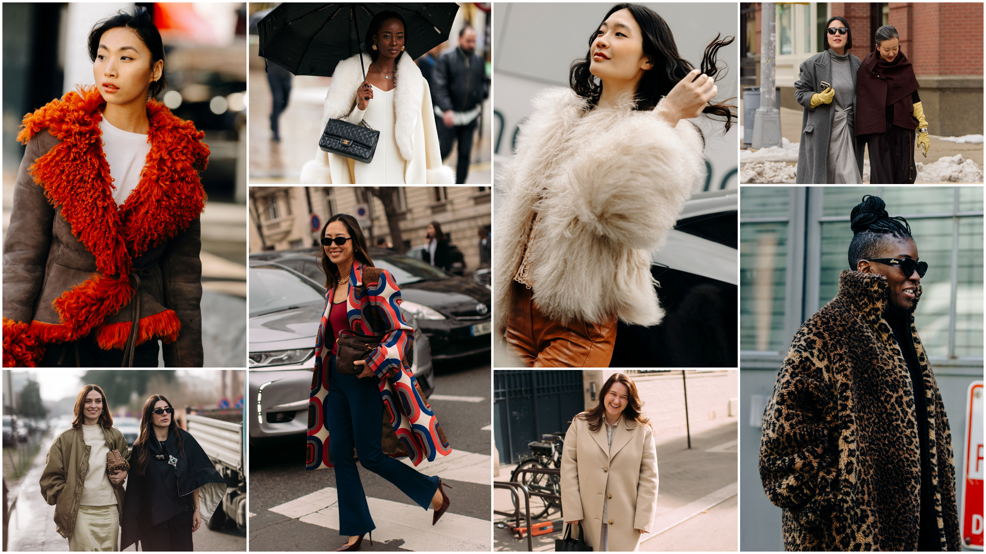 a collage of women at fashion week wearing coats and jackets, including white fur coats, cheetah print coats, orange penny lane coats, camel coats, and colorful jackets