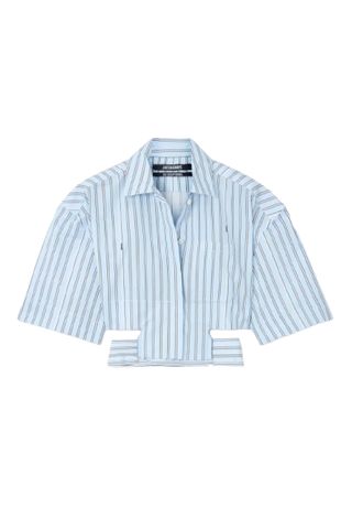 Jacquemus Bari Cropped Cutout Striped Cotton-Poplin Shirt on white background