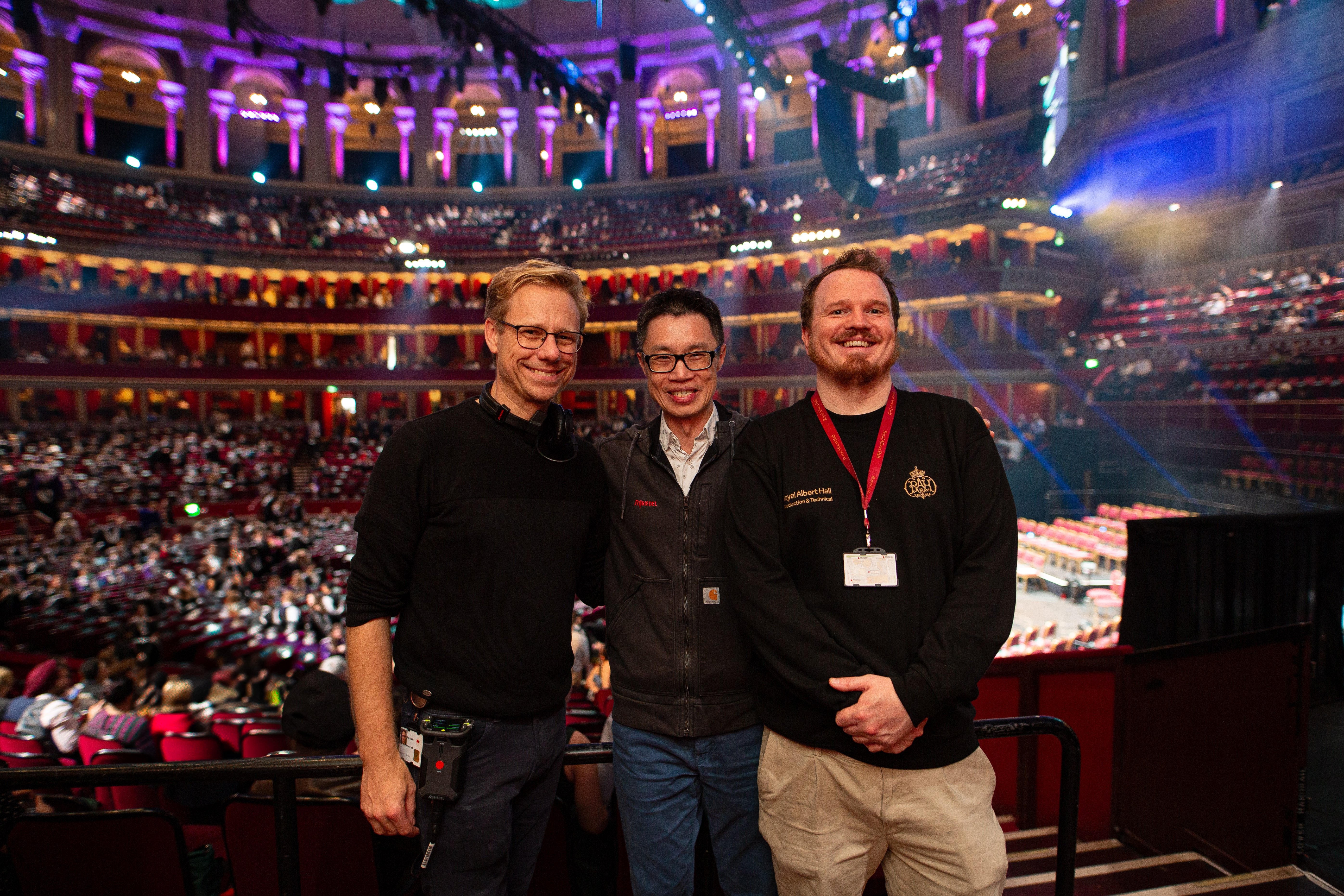 (From left): Ben Evans, former audio operations manager, Royal Albert Hall; Nacho Lee, program manager, global events, Riedel; Liam Croft, audio project manager, Royal Albert Hall.