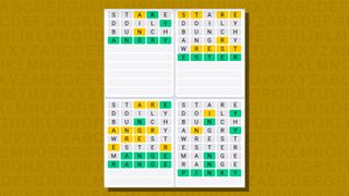 Quordle daily sequence answers for game 751 on a yellow background