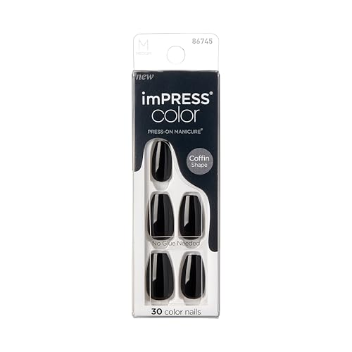 Kiss Impress Color Press-On Manicure Fake Nails, All Black - Short & Square, Solid Black, Ready to Wear, Chip Proof, Smudge Proof, No Dry Time, Mini File & More | 30 Count