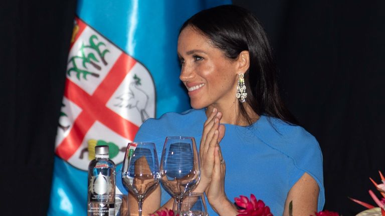 Meghan, Duchess of Sussex attends a state dinner hosted by the president of the South Pacific nation Jioji Konrote at the Grand Pacific Hotel on October 23, 2018 in Suva, Fiji. The Duke and Duchess of Sussex are on their official 16-day Autumn tour visiting cities in Australia, Fiji, Tonga and New Zealand.