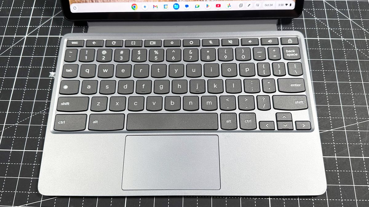 Top-down angle of the Lenovo Chromebook Duet 11 Gen 9's keyboard folio case attachment, showing the keyboard and touchpad.