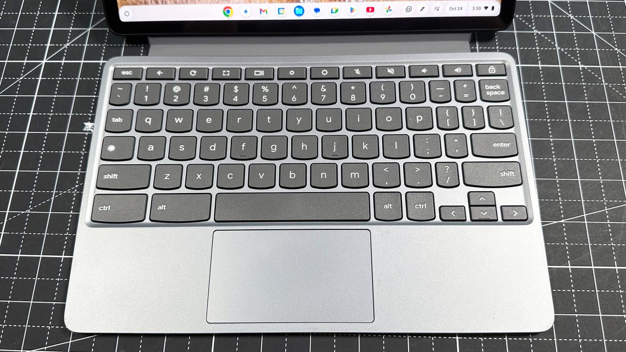 Top-down angle of the Lenovo Chromebook Duet 11 Gen 9's keyboard folio case attachment, showing the keyboard and touchpad.