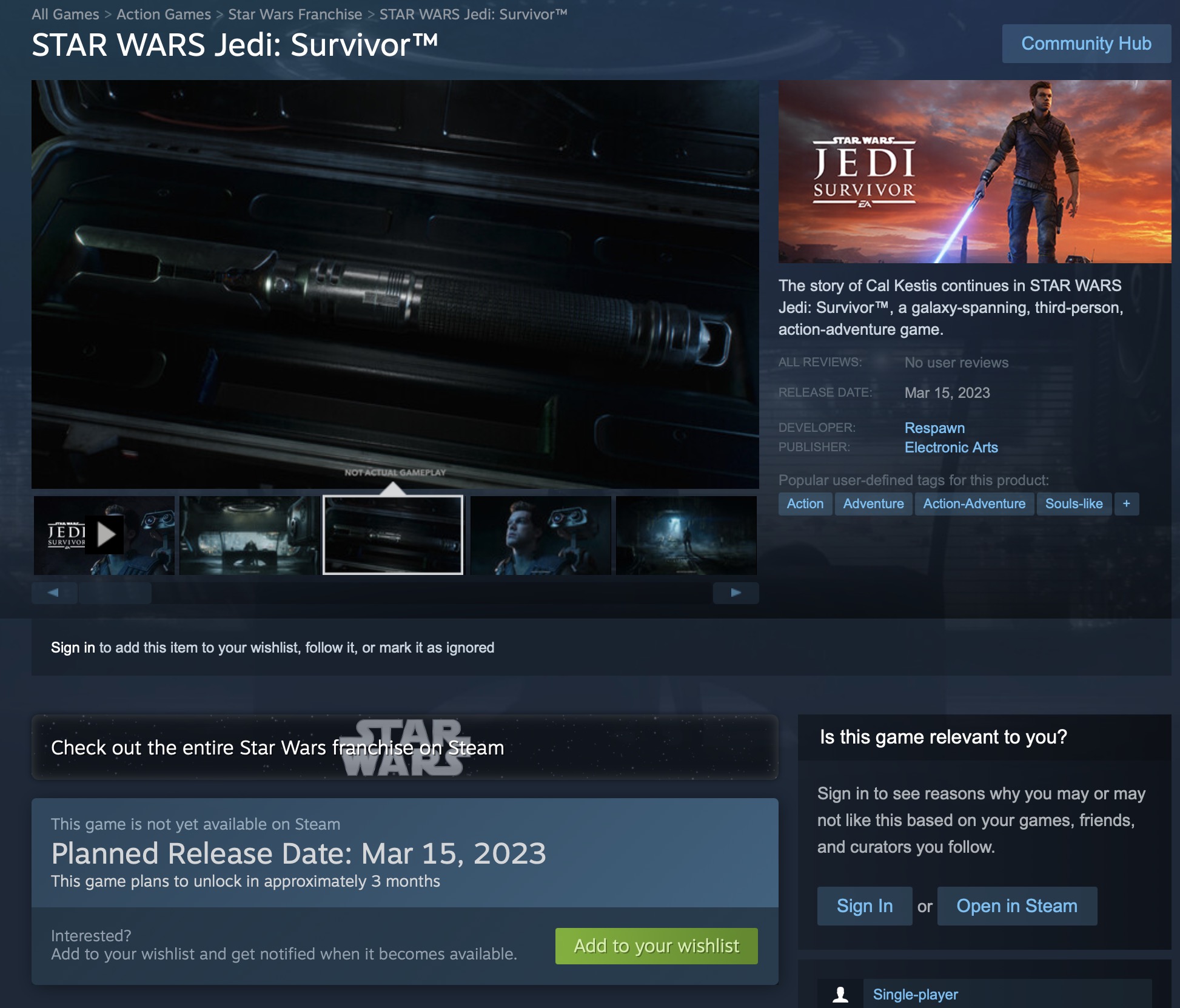 A reportedly leaked Steam listing for Star Wars Jedi: Survivor
