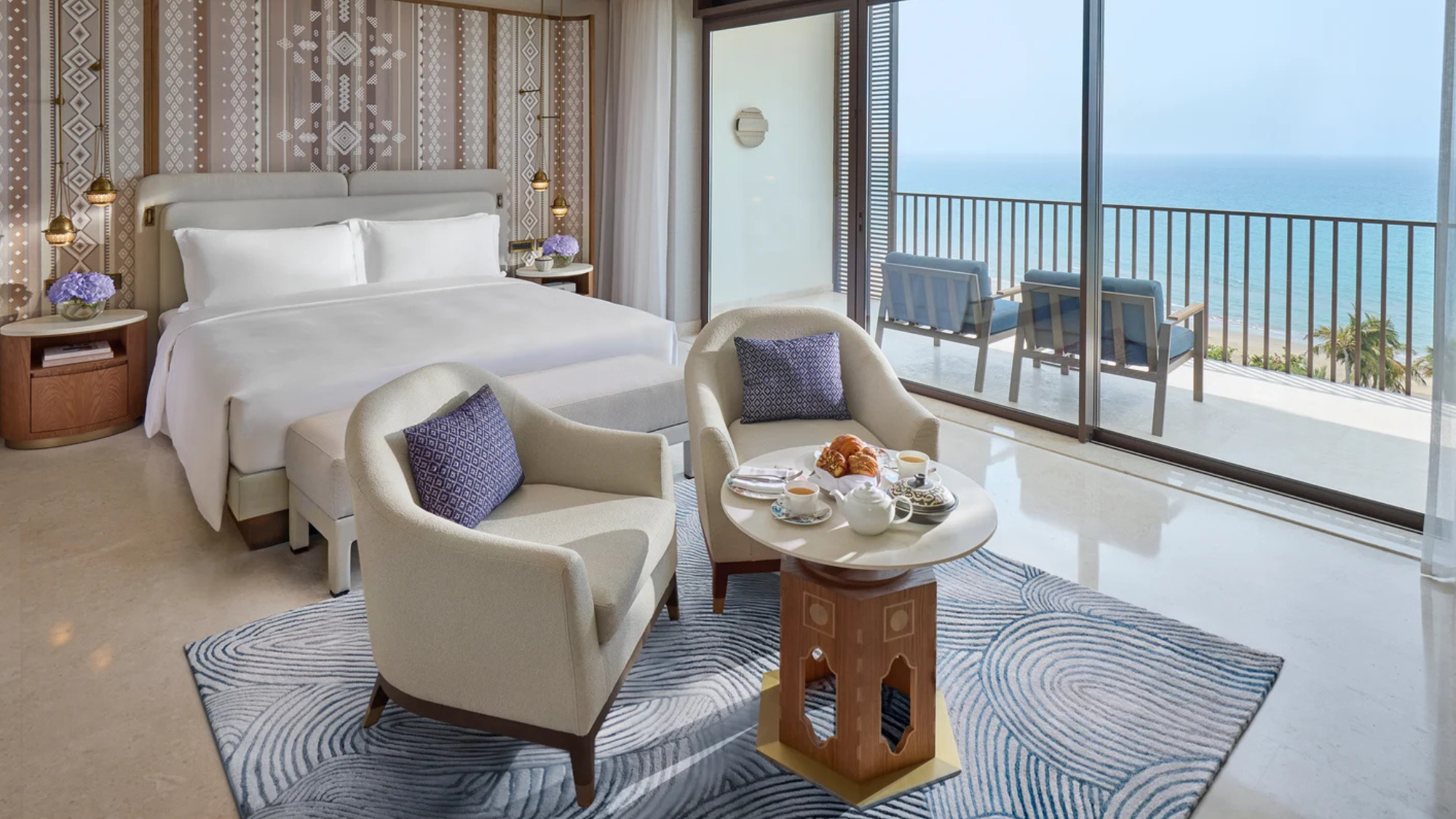 Mandarin Oriental Muscat bedroom with sea view.