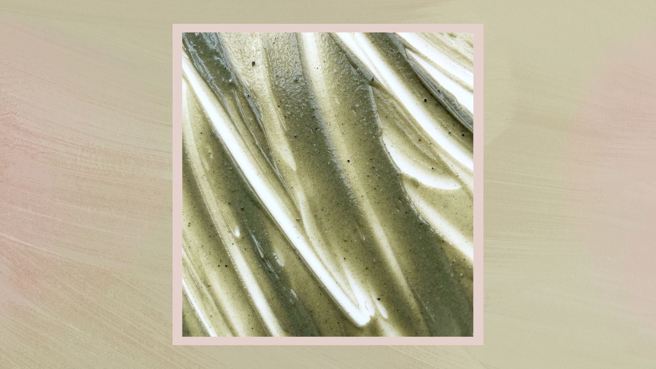 A close up of a green face mask, to represent algae skincare, smeared on a white background/ in a olive-green textured template with pink gradients