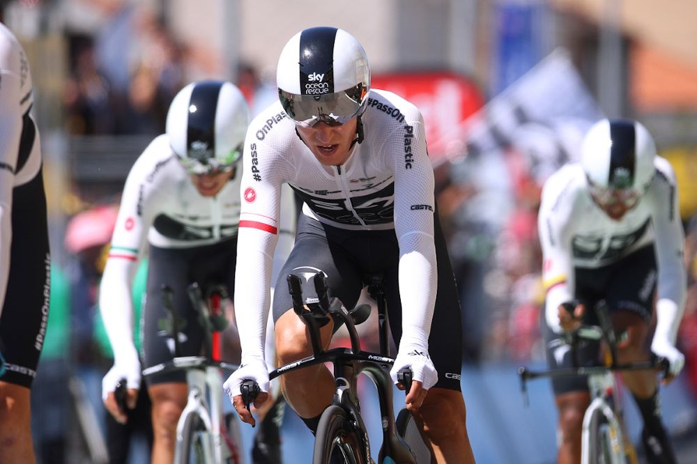 Michal Kwiatkowski leads Team Sky across the finish line