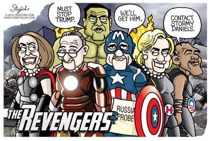 Political cartoon U.S. Democrats Trump Avengers Infinity War FBI investigation