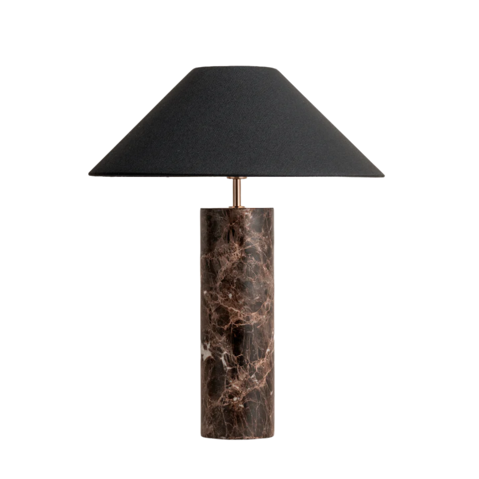 a table lamp with a dark marble base and a black shade