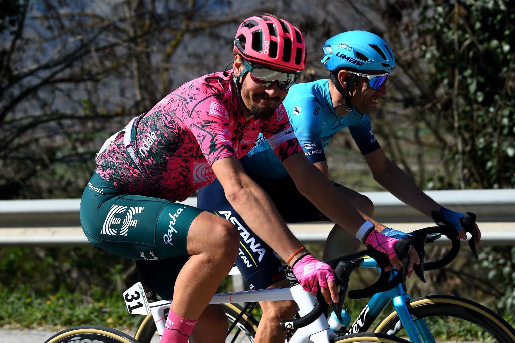 SAN MARINO ITALY MARCH 24 LR Alberto Bettiol of Italy and Team EF Education Easypost and Vincenzo Nibali of Italy and Team Astana Qazaqstan rides whilst joking during the 36th Settimana Internazionale Coppi e Bartali 2022 Stage 3 a 1471km stage from San Marino to San Marino 648m CoppieBartali on March 24 2022 in San Marino Italy Photo by Dario BelingheriGetty Images