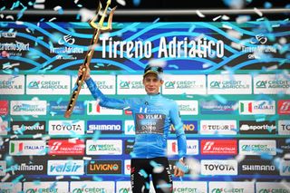 Jonas Vingegaard (Visma-Lease A Bike) hoists the trident trophy as the overall winner of 2024 Tirreno-Adriatico