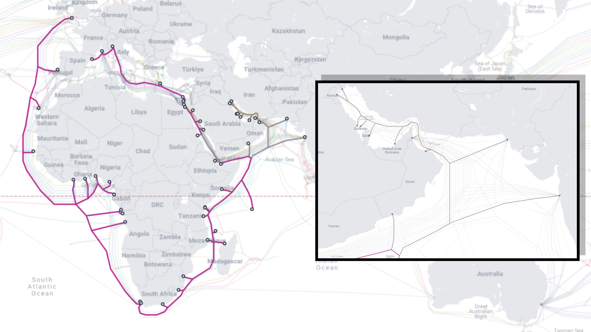 خريطة الكابلات البحرية TeleGeography تظهر أفريقيا 2 وقسم اللؤلؤ في الصورة الداخلية
