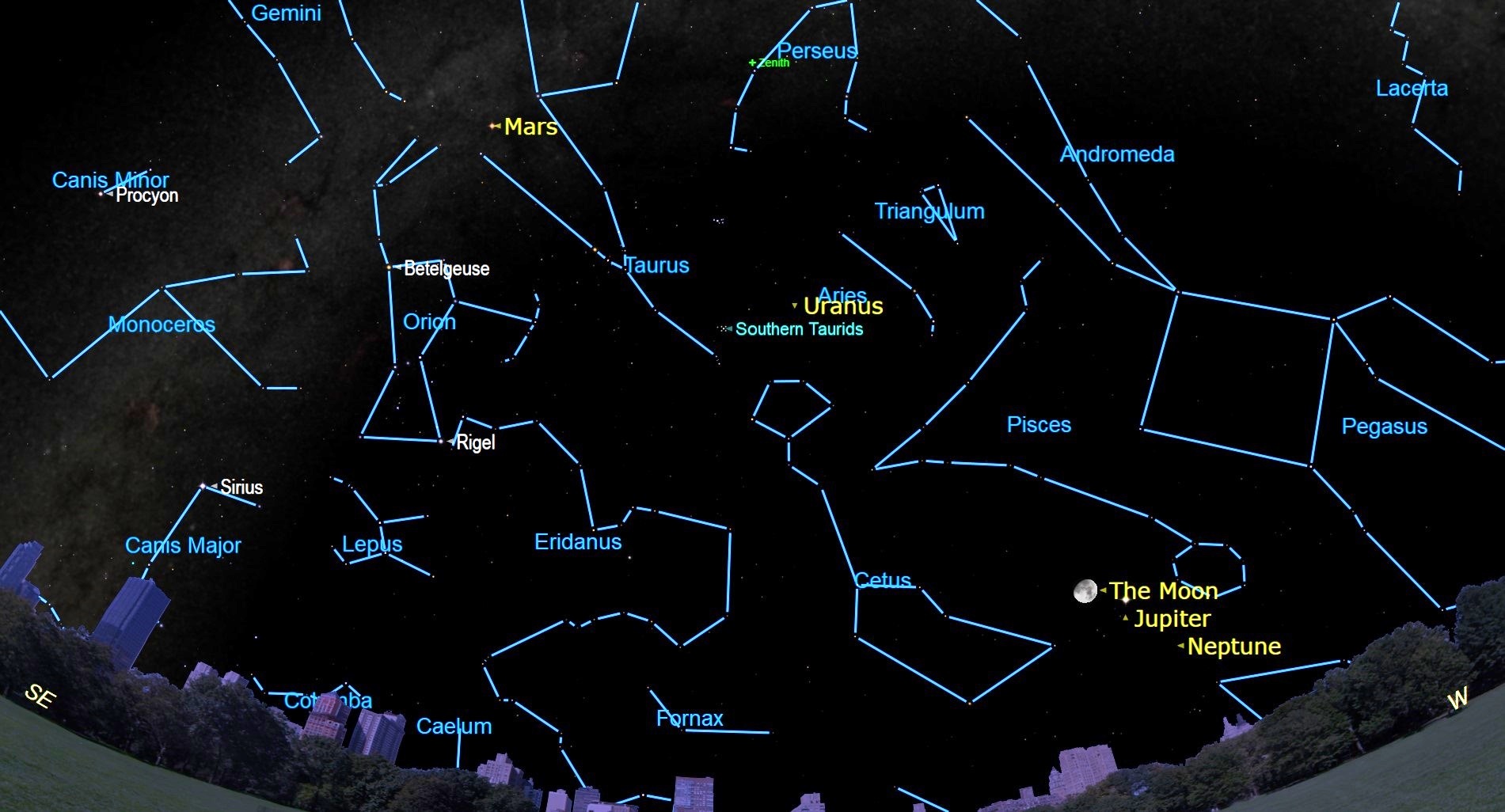 An image of the night sky on November 5 with the constellation Taurus, from which the Southern Taurians will emerge.