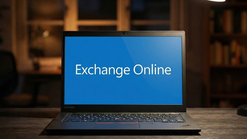 Microsoft Exchange Online logo displayed on a Lenovo laptop screen