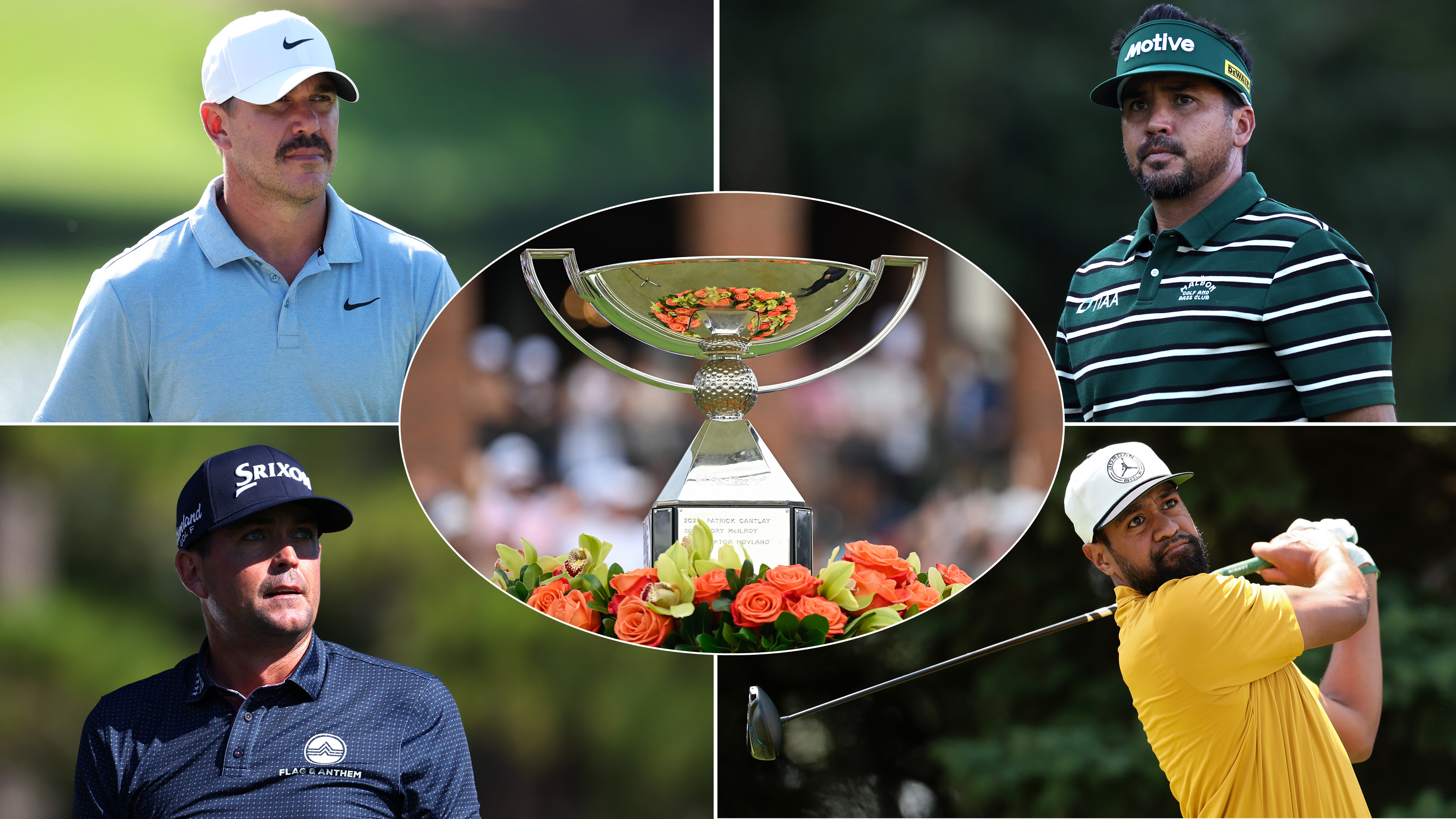 Brooks Koepka, Jason Day, Keegan Bradley and Tony Finau with the FedEx Cup in the center