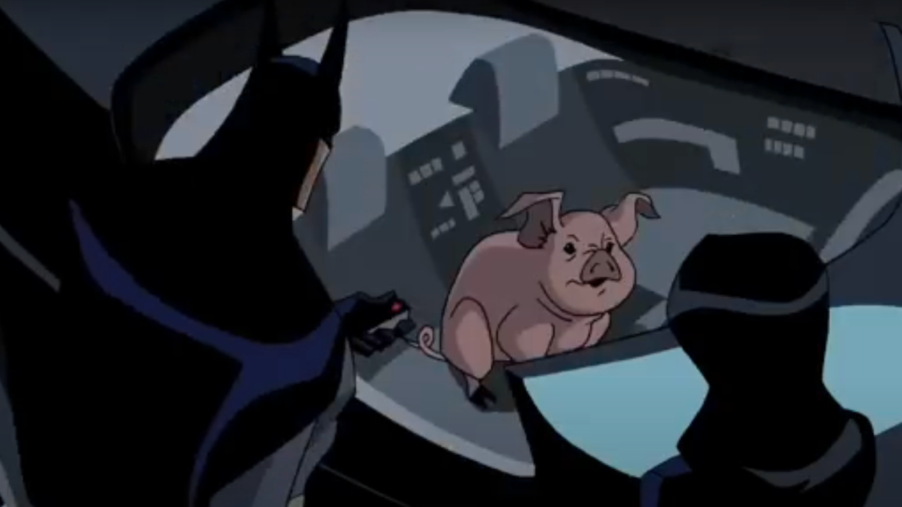 Batman and Zatanna looking at Wonder Woman, now a pig, on Justice League Unlimited