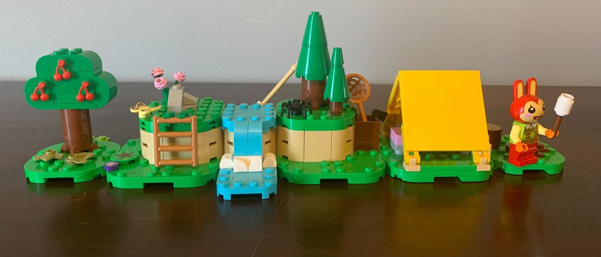 Lego Bunnie&#039;s Outdoor Activities set on a wooden surface