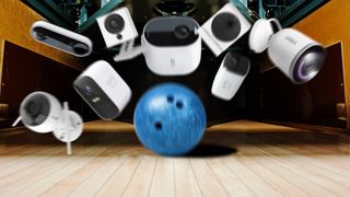 A bowling ball hitting a plethora of smart home security cameras