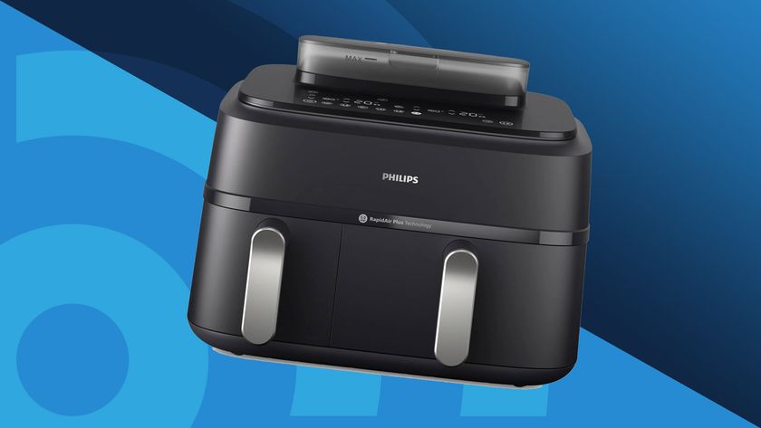 Philips Series 5000 air fryer on a blue background