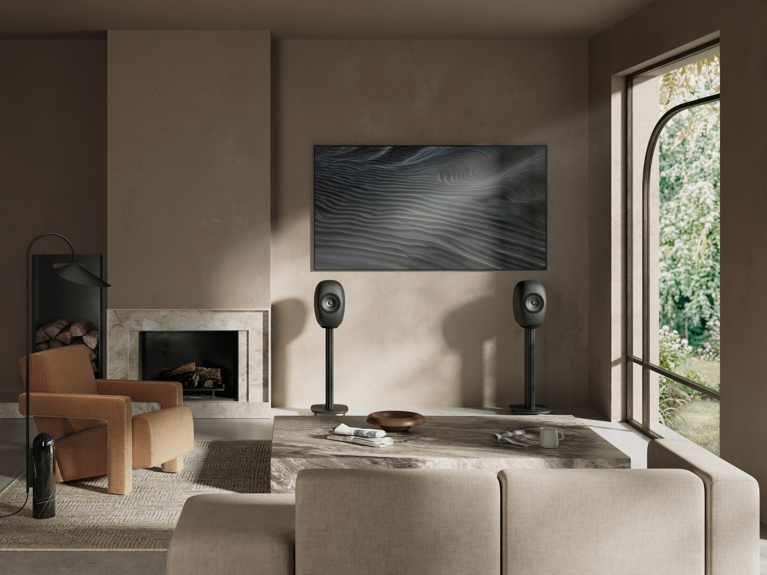 KEF LS LUXE wireless speakers on the optional stands