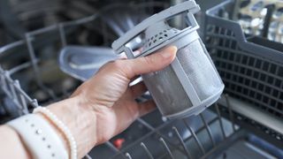 how to remove a dishwasher filter hand in dishwasher holding filter