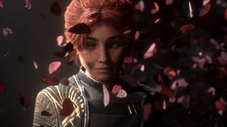 Maelle from Clair Obscur: Expedition 33 looks somber as she's surrounded by flakes of painterly petals.