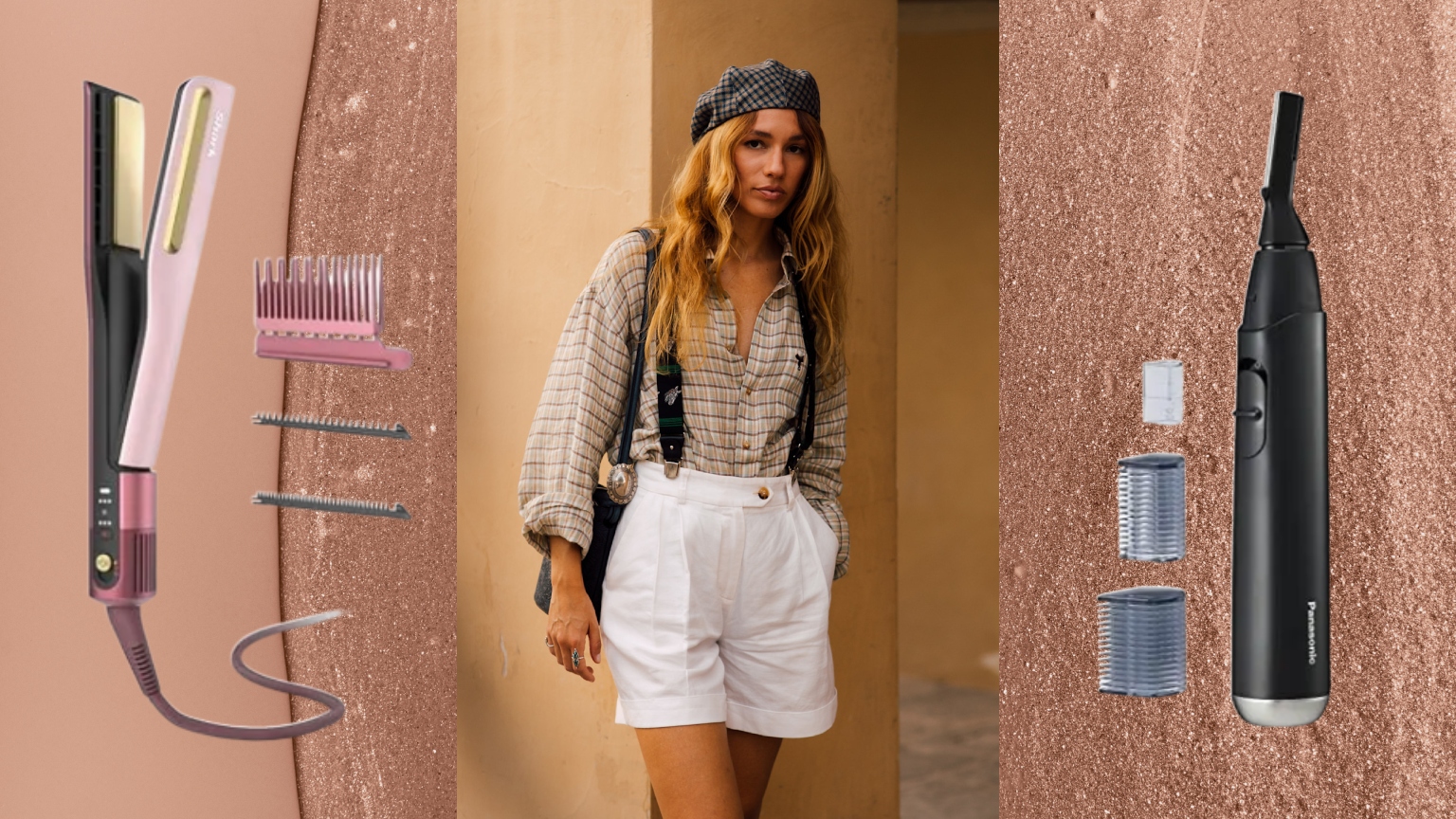 a blonde woman with white shorts and a plaid shirt on a tan backdrop with a beauty tool on either side of her